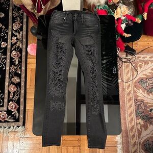 Women's Black Distressed Jeans by True Religion, style Halle mid-rise skinny